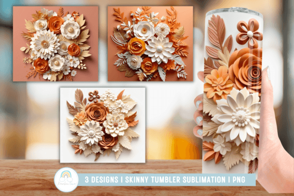 3D Bronze and Beige Flowers Tumbler Wrap