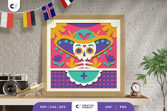 Calavera with Flowers 3D Shadow Box SVG