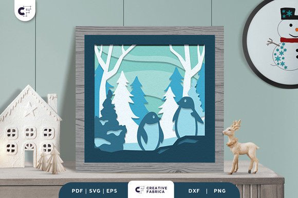Penguin Winter Forest 3D Light Box SVG
